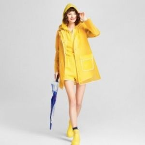 Bright Yellow Rubber Hooded Rain Coat Pockets Zip
